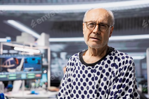 Preview: Portrait of senior patient attending a clinical trial in a modern laboratory