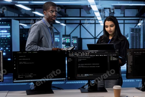 Preview: Technicians in data center using devices to check for server performance issues