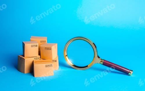 Preview: Pile of boxes and magnifying glass. Procurement audit.