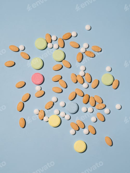 Preview: Flat lay of a variety of pills, vitamins and nutritional supplements of different colors and shapes