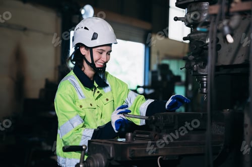 Preview: Industrial worker inspecting and check up machine at factory machines.