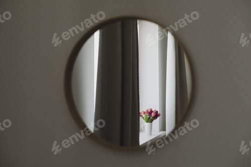 Preview: cozy spring home decor with a pink tulip bouquet in daylight. Spring stll life, birthday, Easter