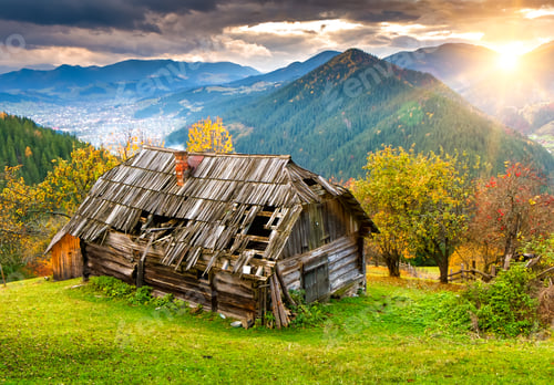 Preview: Sunset landscape with old rural house