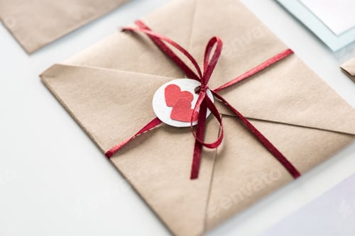 Preview: envelope with tag with two hearts and ribbon isolated on white, wedding invitation card design
