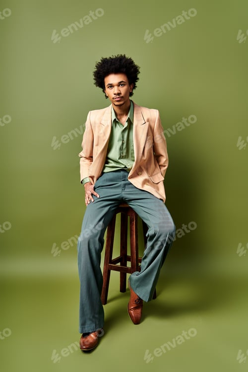 Preview: Elevated elegance: stylish man perched on wooden stool