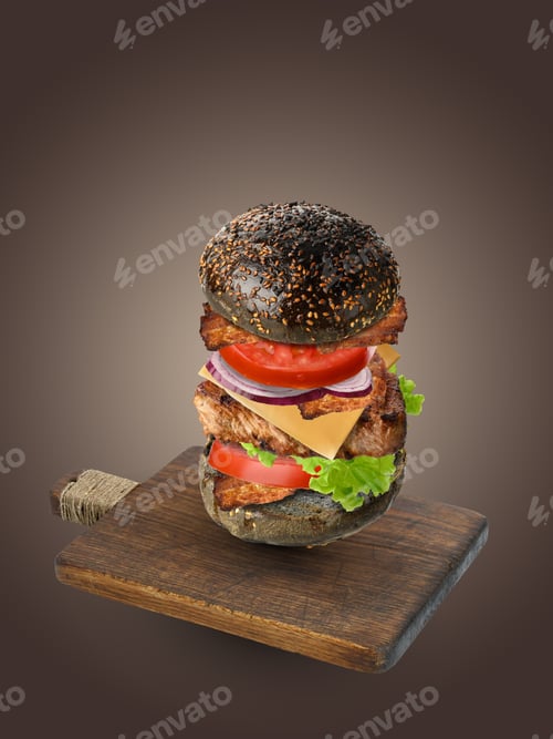 Preview: Layers of cheesecake with black bread, a piece of meat and tomatoes