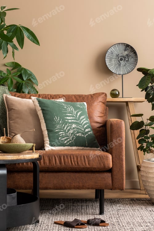 Preview: Warm and cozy living room interior with colorful pillows, personal accessories. Home decor. Template