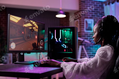 Preview: Young adult playing rpg video games tournament on computer