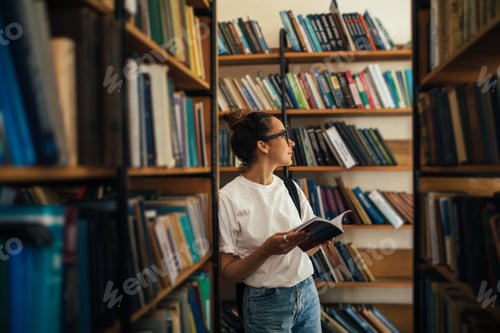 Preview: A student stuying and reading books in a public library.