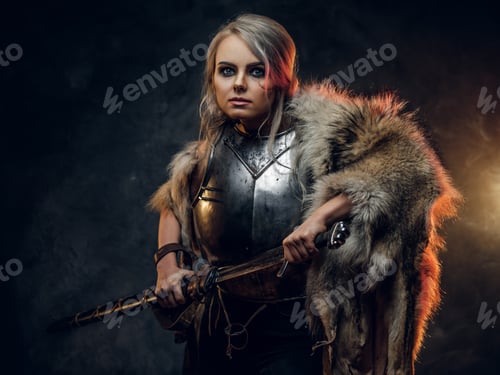 Preview: Fantasy woman knight wearing cuirass and fur, holding a sword