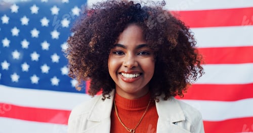 Preview: Black woman, portrait and american flag for billboard fabric, pride and heritage in background. Cul