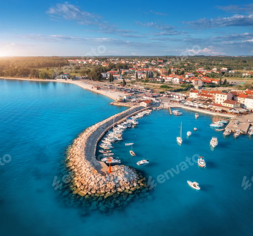 Preview: Aerial view of boats and yachts in dock, breakwater and blue sea