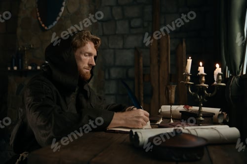 Preview: Medieval monk chronicler writing ancient manuscript under candlelight