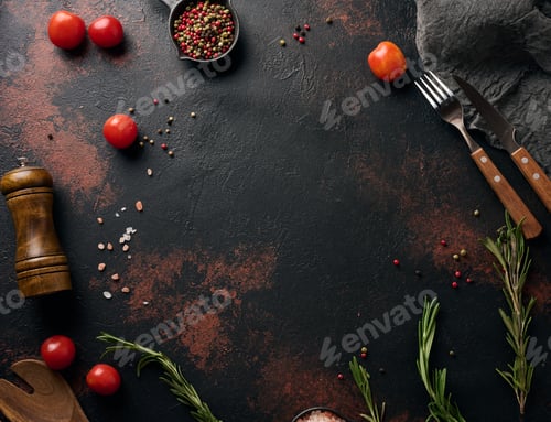 Preview: Culinary composition with kitchen utensils and spices, Himalayan salt, colorful peppercorns