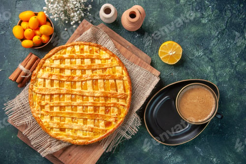 Preview: top view yummy kumquat pie on dark blue background sweet cookie tea dessert dough cake oven bake