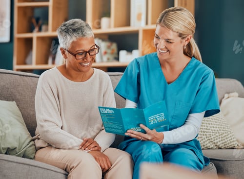Preview: Nurse consulting elderly woman in nursing home, retirement counselling of covid 19 information and