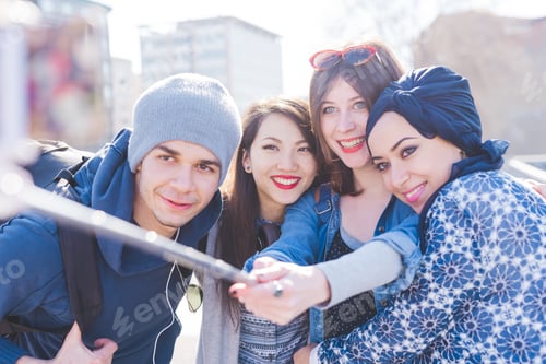 Preview: Multiracial group young people taking selfie