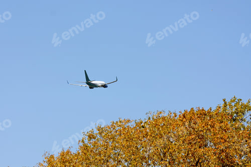 Preview: Low angle shot of an airplane flying in a clear blue sky