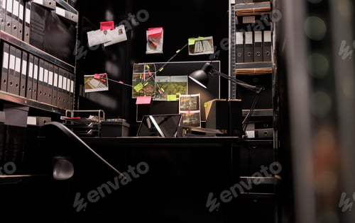 Preview: Empty police detective room with investigation process on board