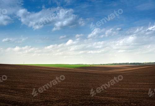 Preview: colorful hills of plowed dark land and green fields panoramic view