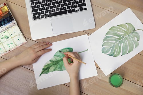 Preview: Woman drawing picture at online art lesson, top view. Distant learning