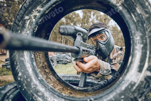Preview: Gun aim at target with paintball and man outdoor, action on battlefield and soldier with focus duri