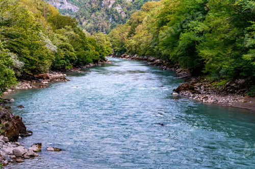 Preview: Fall landscape with mountain river and green forest