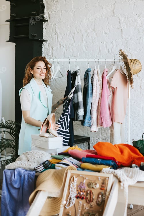 Preview: young woman female woman at swap party try on clothes, bags, shoes and accessories, change clothes,