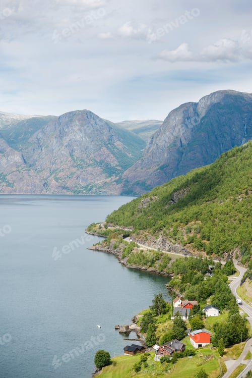 Preview: aerial view of beautiful calm water at Aurlandsfjord (Aurlandsfjorden) and cozy Flam village in
