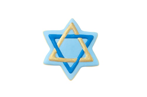 Preview: Star of David cookie with blue and gold icing, on white