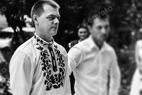 Preview: stylish groom with his best men waiting for a bride, wedding ceremony