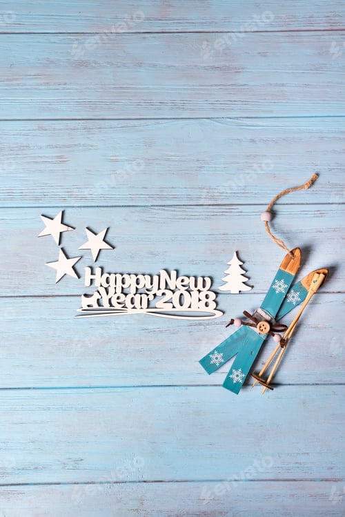 Preview: Happy 2018 New Year card with blue skiing