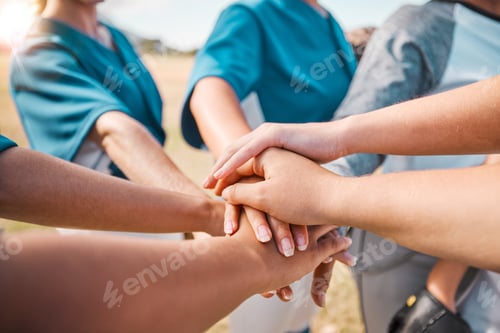 Preview: Baseball player women hands stacked for teamwork, motivation and mission on sports field. Group of