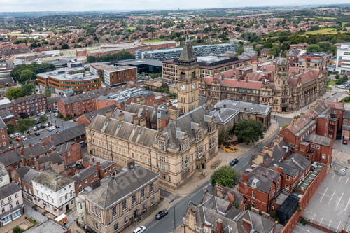 Preview: Aerial view of Wakefield Town Hall and County Hall buildings in West Yorkshire