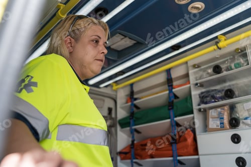 Preview: Female paramedic standing inside ambulance looking at medical equipment