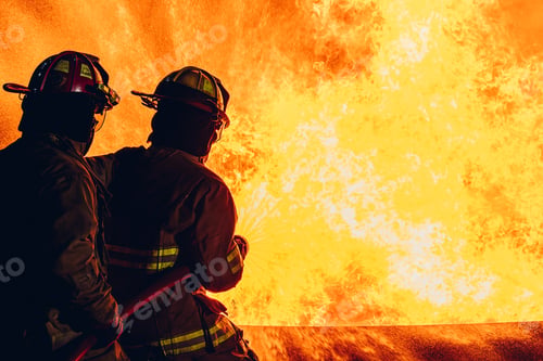 Preview: Firefighter Concept. Fireman using water and extinguisher to fighting with fire flame.