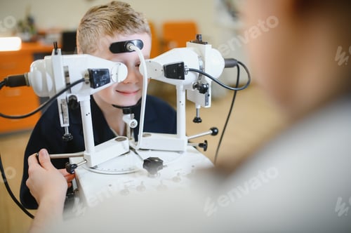 Preview: Ophthalmologist performing vision diagnostics on child with modern equipment