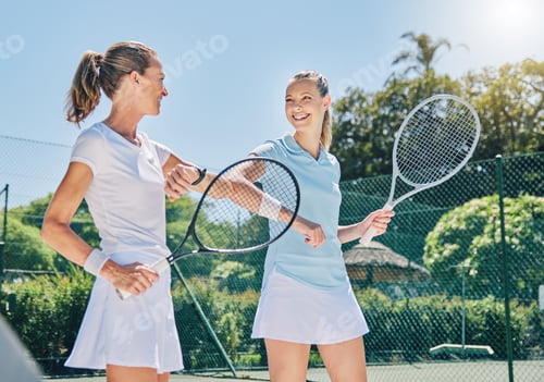 Preview: Woman, tennis court and together for smile, athlete and support with elbow for motivation at traini