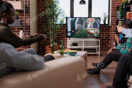 Preview: Diverse people playing video games competition on tv