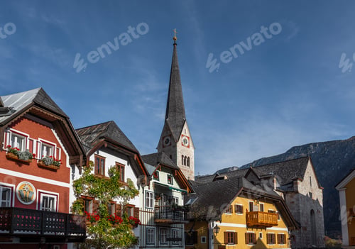 Preview: Hallstatt colorful buildings and Evangelical Church tower - Hallstatt, Austria