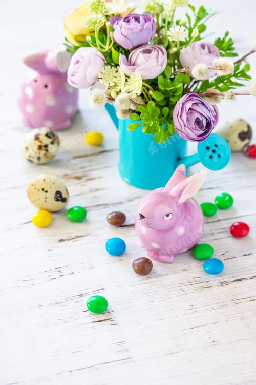 Preview: Happy Easter background. Spring flowers, easter eggs, sweets and easter bunny.
