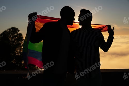 Preview: Silhouette of gay couple with gay pride flag in backlight