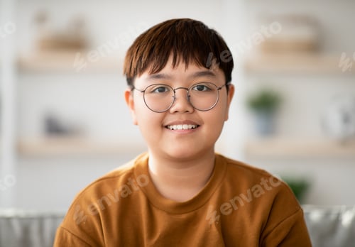 Preview: Closeup portrait of cheerful chubby asian kid smiling at camera