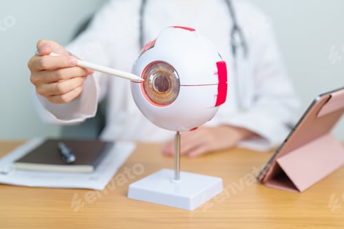 Preview: Doctor with human Eye anatomy model with magnifying glass.