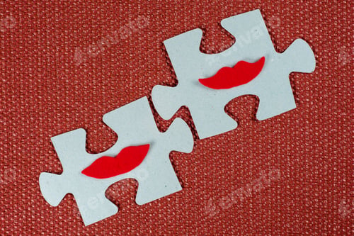 Preview: Close-up of two parts of a puzzle. Symbolic women with lips.