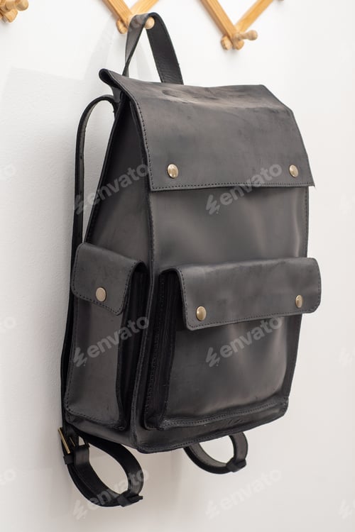 Preview: Black leather backpack. Classic city bag. Accessory