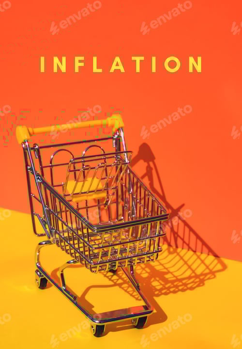 Preview: INFLATION text against Empty shopping trolley cart on isometric orange yellow background. Small toy