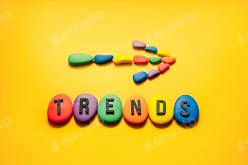 Preview: Word trends with colored blocks on yellow background. Modern trend concept banner for monitoring