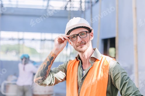 Preview: portrait smart middle age builder engineer worker male master skill artisan look with arm tattoo