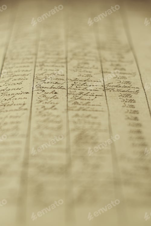 Preview: Vertical soft focus of an old book of local records with list of residents' names and information